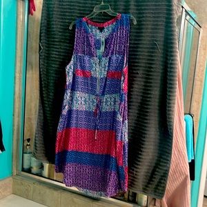 Midi dress with drawstring waist in bohemian stripe fabric